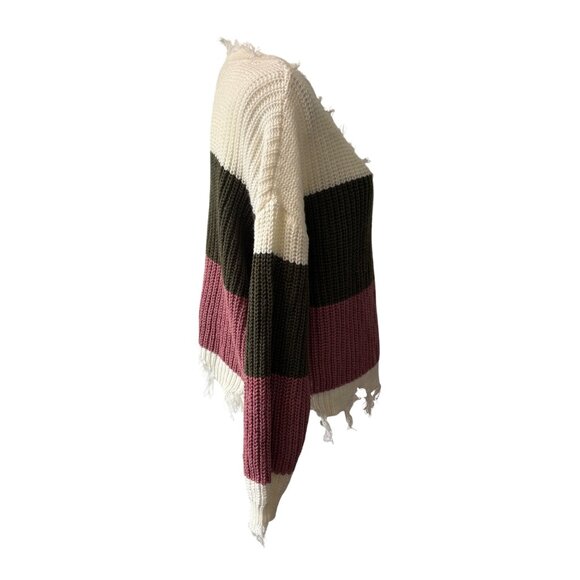 Colorblock Fringe Distressed V-Neck Sweater By Derek Heart Womens Size Small - Picture 4 of 11